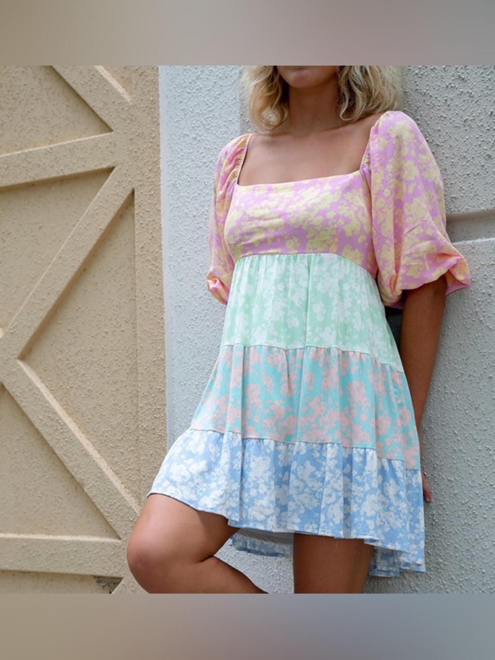 Karlie Pastel Tiered Mini Dress in Pink, Mint & Sky